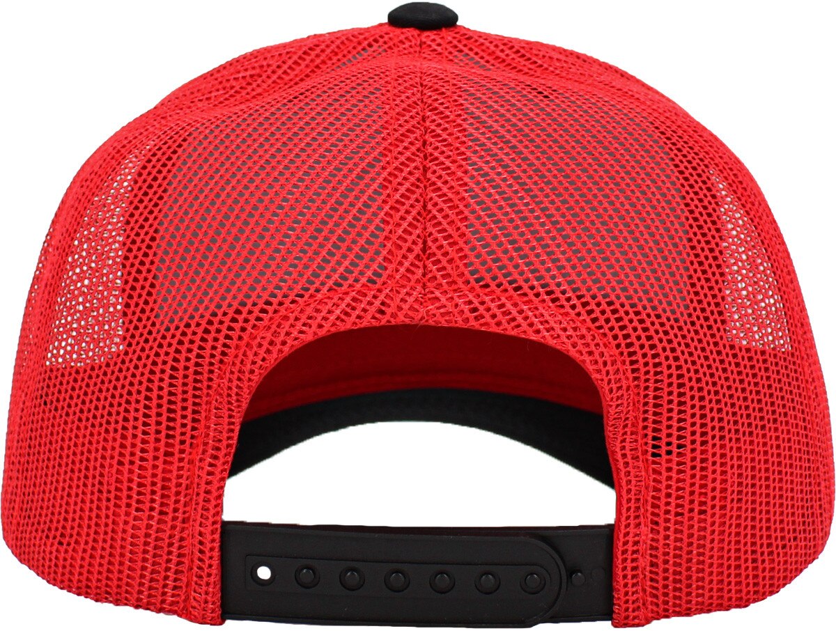 Black Red Two Tone Classic 6 Panel Trucker Mesh Snapback Back View